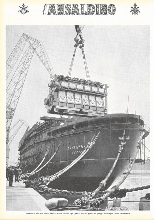 p. 20 (copertina), imbarco di uno dei cinque motori diesel, facenti parte dei gruppi elettrogeni della "Gripsholm"